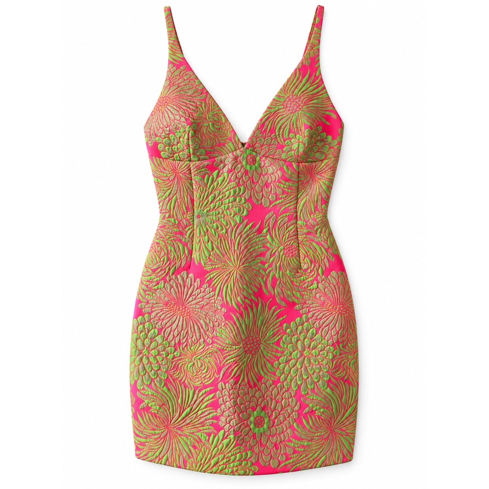 Milly Pink Green Floral Brocade V-Neck Mini Dress Size 6 Cocktail Party